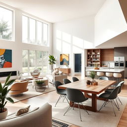 A beautifully designed modern home interior featuring an open-concept layout with a spacious living room, elegant dining area, and a sleek kitchen