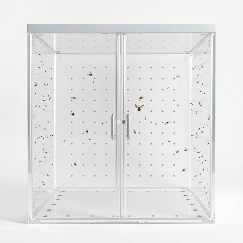 A large, clear rectangular container featuring a central door divider