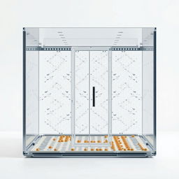 A large, clear rectangular container featuring a central door divider