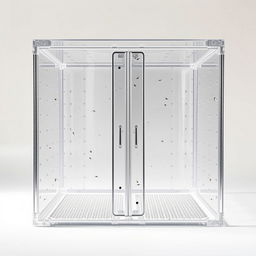 A large, clear rectangular container featuring a central door divider