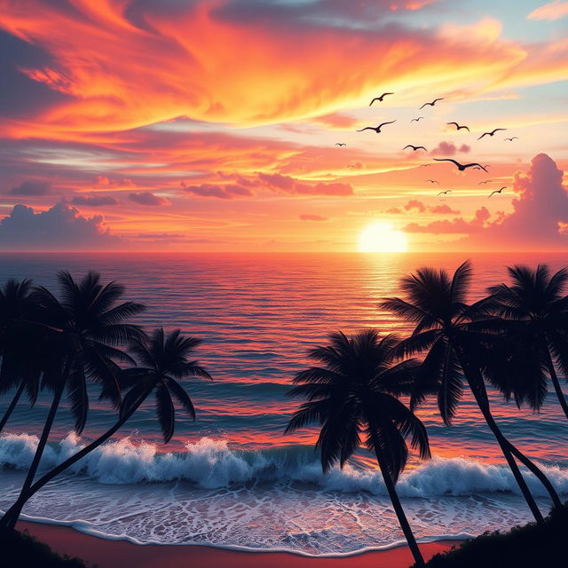 A stunning piece of digital art featuring a vast landscape that merges a serene ocean with a dramatic sunset sky