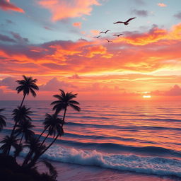 A stunning piece of digital art featuring a vast landscape that merges a serene ocean with a dramatic sunset sky