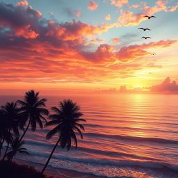 A stunning piece of digital art featuring a vast landscape that merges a serene ocean with a dramatic sunset sky