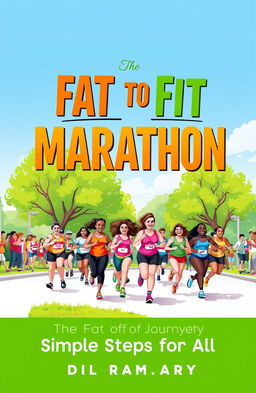 A vibrant and motivational book cover design titled 'The Fat to Fit Marathon Journey: Simple Steps for All'