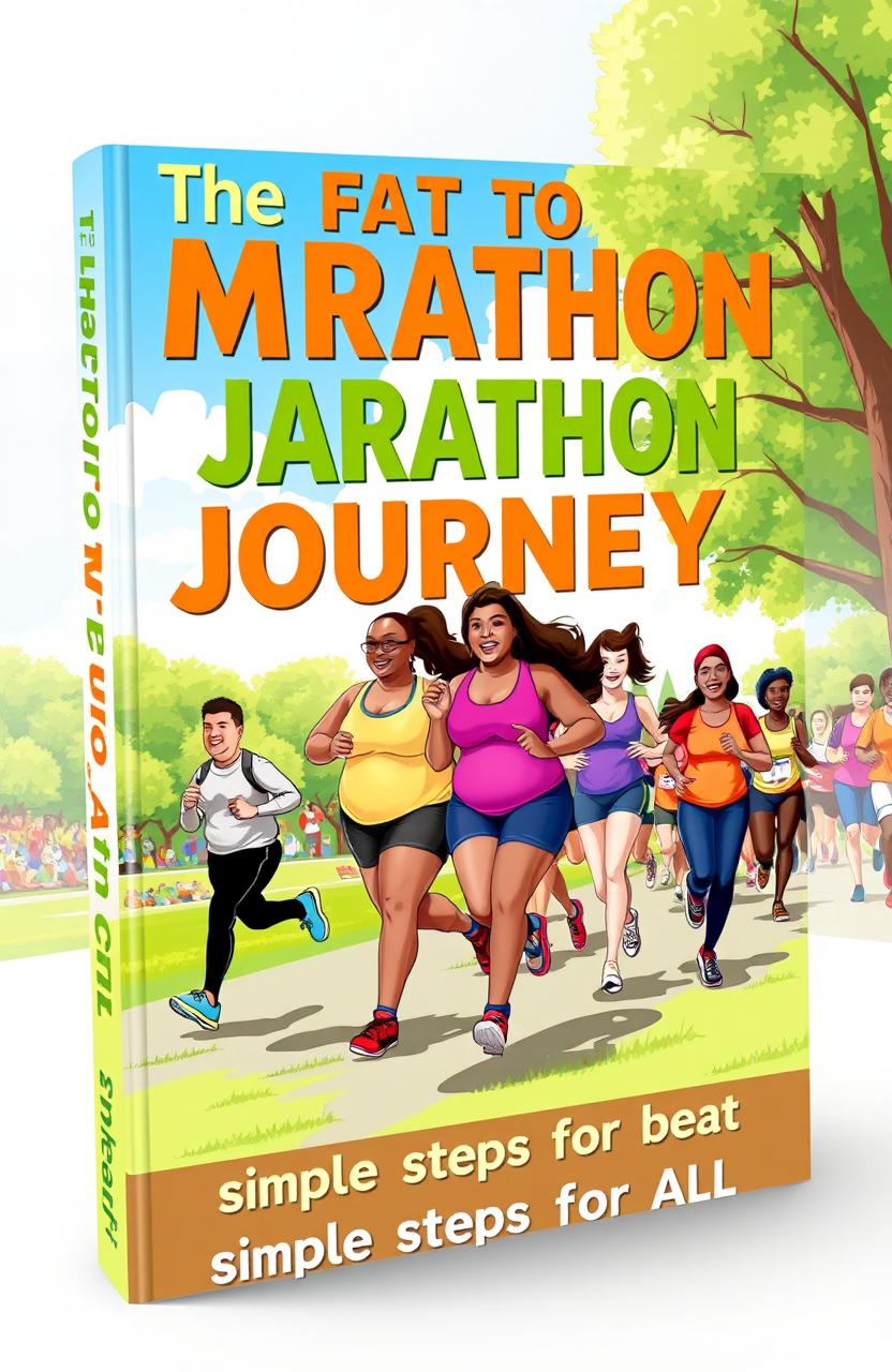 A vibrant and motivational book cover design titled 'The Fat to Fit Marathon Journey: Simple Steps for All'