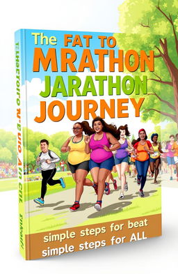 A vibrant and motivational book cover design titled 'The Fat to Fit Marathon Journey: Simple Steps for All'