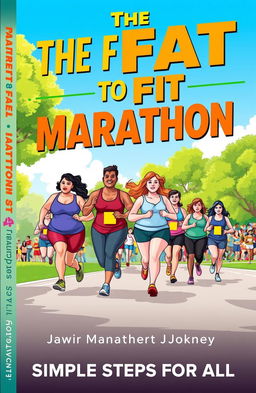 A vibrant and motivational book cover design titled 'The Fat to Fit Marathon Journey: Simple Steps for All'