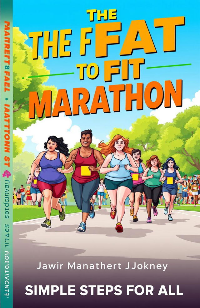 A vibrant and motivational book cover design titled 'The Fat to Fit Marathon Journey: Simple Steps for All'