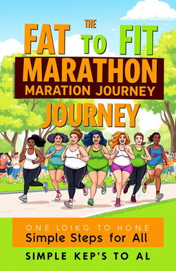 A vibrant and motivational book cover design titled 'The Fat to Fit Marathon Journey: Simple Steps for All'