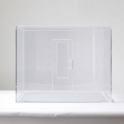 A large, clear rectangular container with an elongated shape, featuring a central door divider
