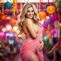 A captivating image of a blonde woman with an hourglass figure, confidently wearing a bikini saree that elegantly showcases her curves