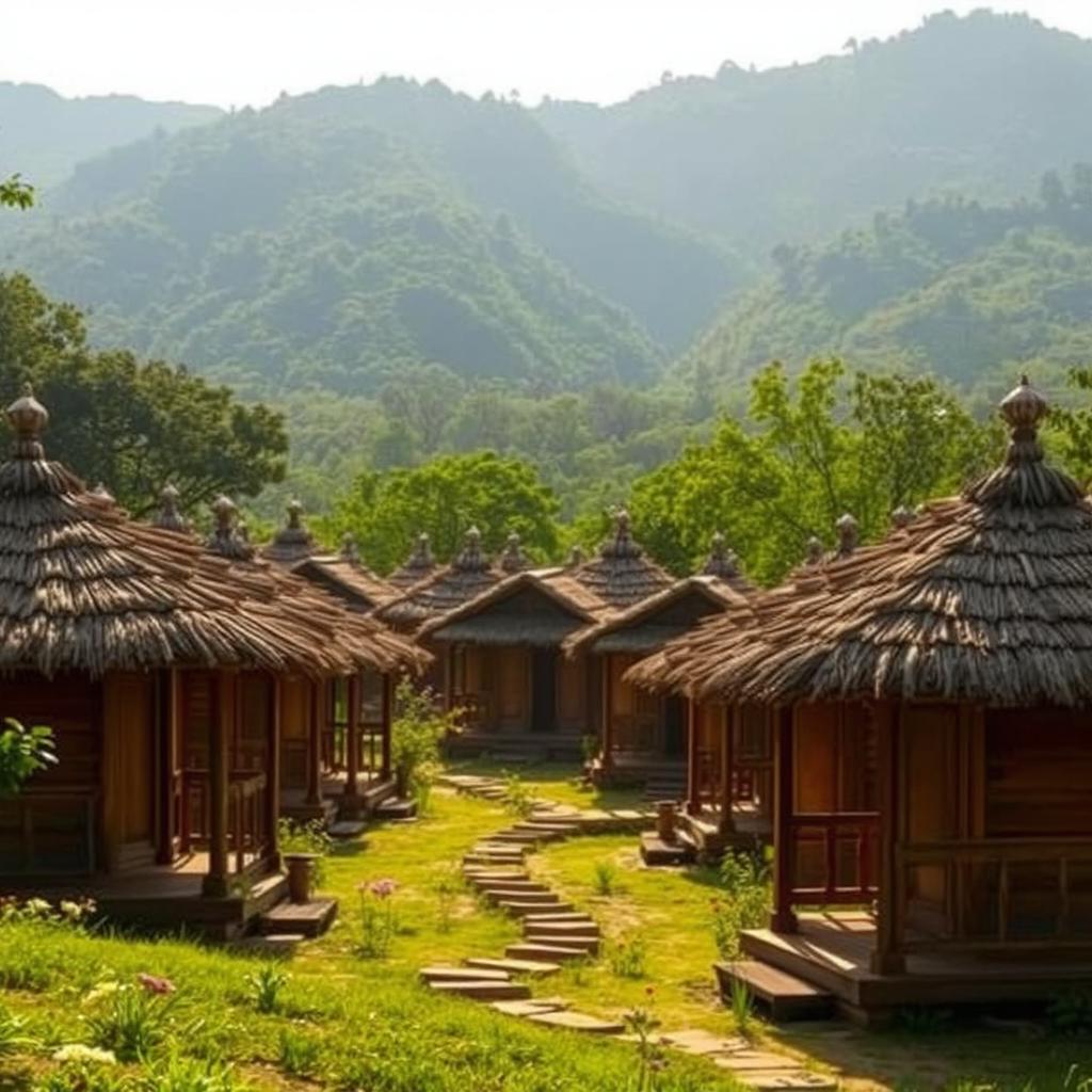 An inviting exterior view of a Hindu ancient ashram, showcasing numerous traditional huts (kutiyas) crafted from natural materials like wood and thatch