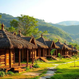 An inviting exterior view of a Hindu ancient ashram, showcasing numerous traditional huts (kutiyas) crafted from natural materials like wood and thatch