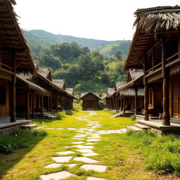 An inviting exterior view of a Hindu ancient ashram, showcasing numerous traditional huts (kutiyas) crafted from natural materials like wood and thatch