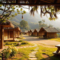 An inviting exterior view of a Hindu ancient ashram, showcasing numerous traditional huts (kutiyas) crafted from natural materials like wood and thatch