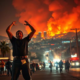 A dramatic scene depicting the Hollywood neighborhood of Los Angeles engulfed in flames, with vivid orange and red colors contrasting against the night sky