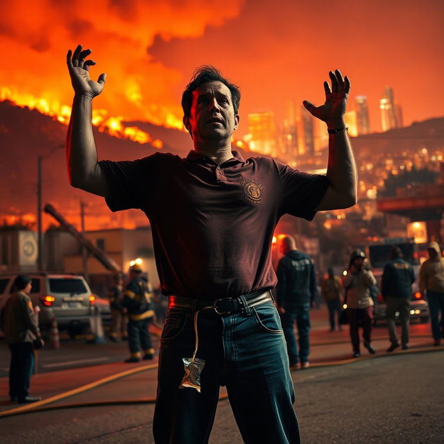 A dramatic scene depicting the Hollywood neighborhood of Los Angeles engulfed in flames, with vivid orange and red colors contrasting against the night sky