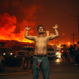 A dramatic scene depicting the Hollywood neighborhood of Los Angeles engulfed in flames, with vivid orange and red colors contrasting against the night sky