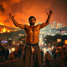 A dramatic scene depicting the Hollywood neighborhood of Los Angeles engulfed in flames, with vivid orange and red colors contrasting against the night sky
