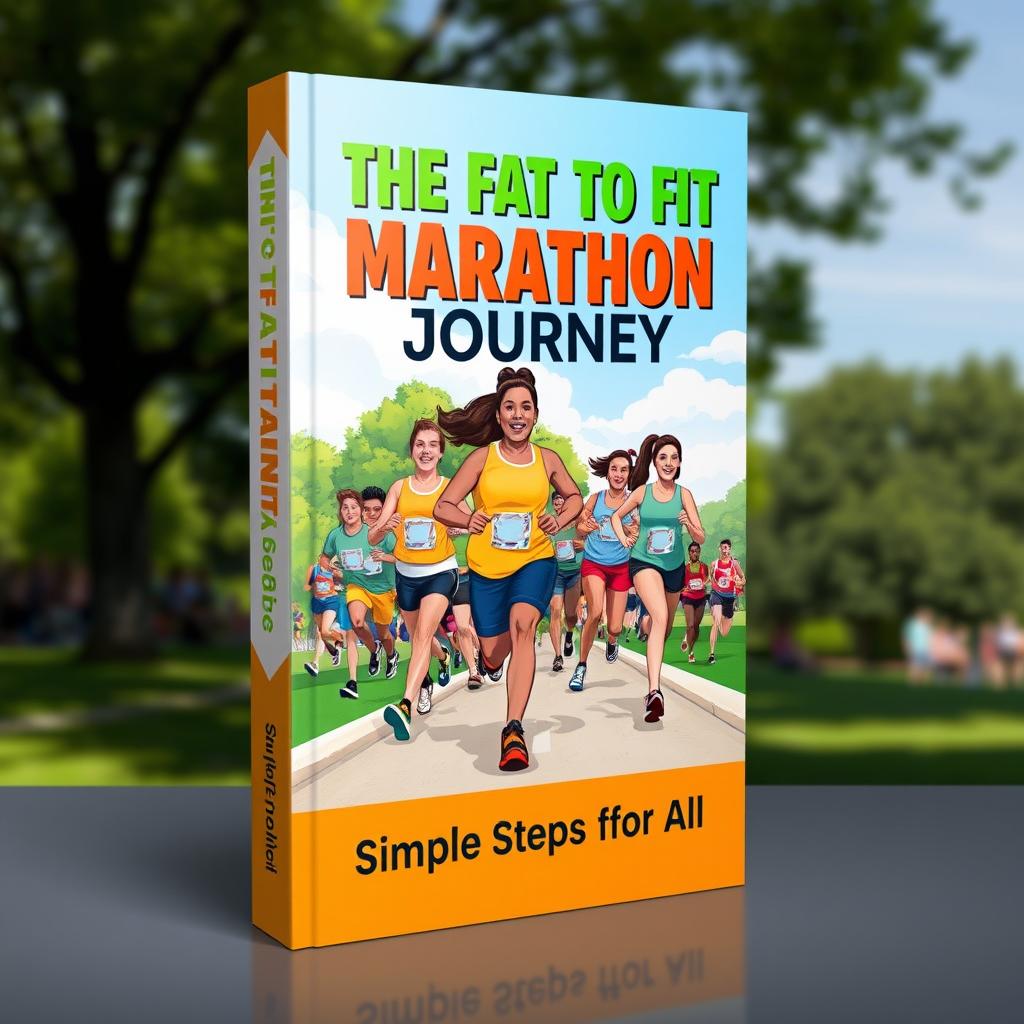 A vibrant and motivational book cover design titled 'The Fat to Fit Marathon Journey: Simple Steps for All'