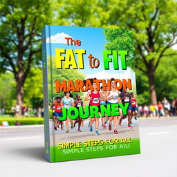 A vibrant and motivational book cover design titled 'The Fat to Fit Marathon Journey: Simple Steps for All'