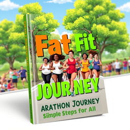 A vibrant and motivational book cover design titled 'The Fat to Fit Marathon Journey: Simple Steps for All'