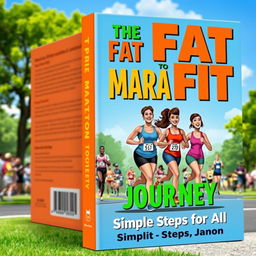 A vibrant and motivational book cover design titled 'The Fat to Fit Marathon Journey: Simple Steps for All'