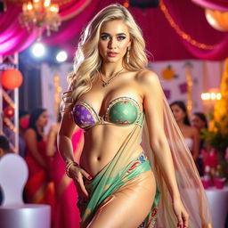 A glamorous Bollywood event scene showcasing a stunning blonde woman with an hourglass figure, confidently dressed in a beautifully styled bikini saree that exquisitely highlights her curves and accentuates her big boobs