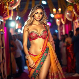 A glamorous Bollywood event scene showcasing a stunning blonde woman with an hourglass figure, confidently dressed in a beautifully styled bikini saree that exquisitely highlights her curves and accentuates her big boobs