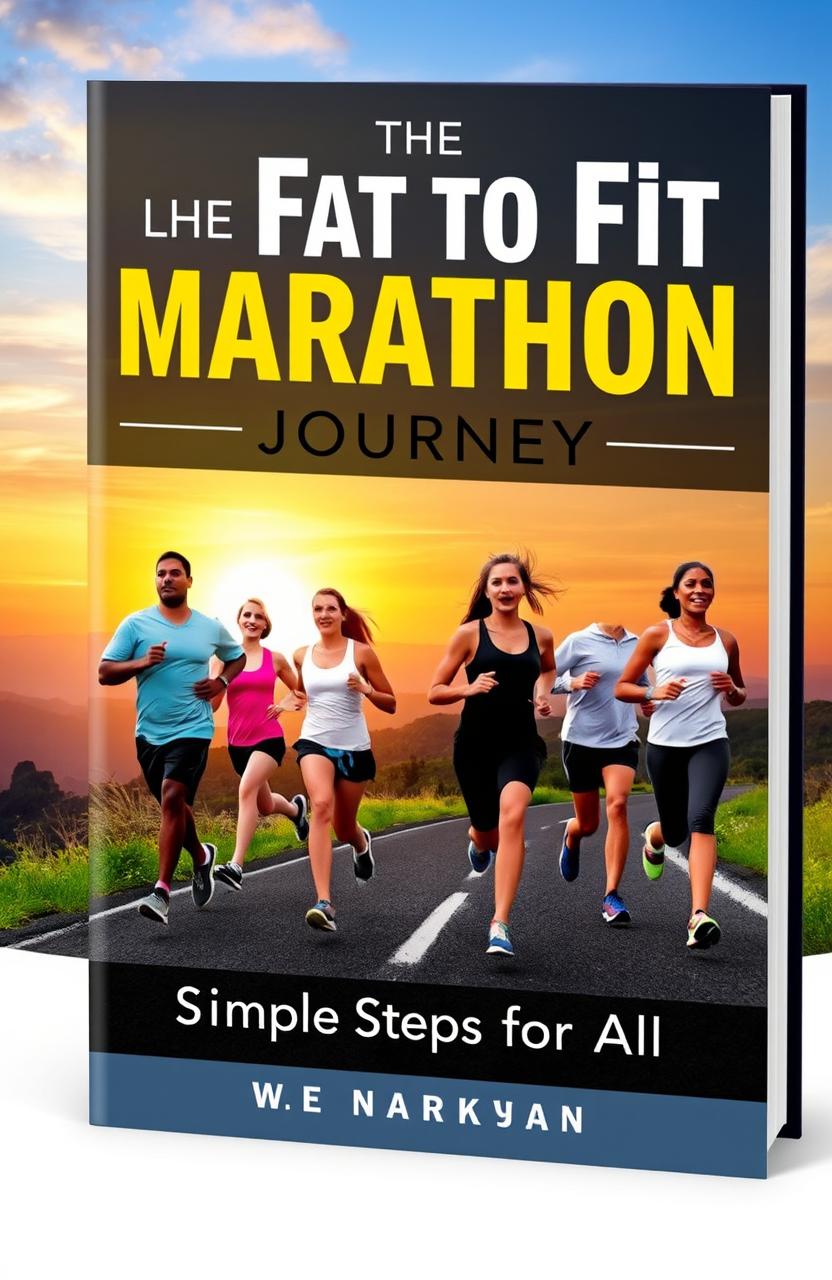 A motivational book cover design titled "The Fat to Fit Marathon Journey: Simple Steps for All" featuring an inspiring transformation theme