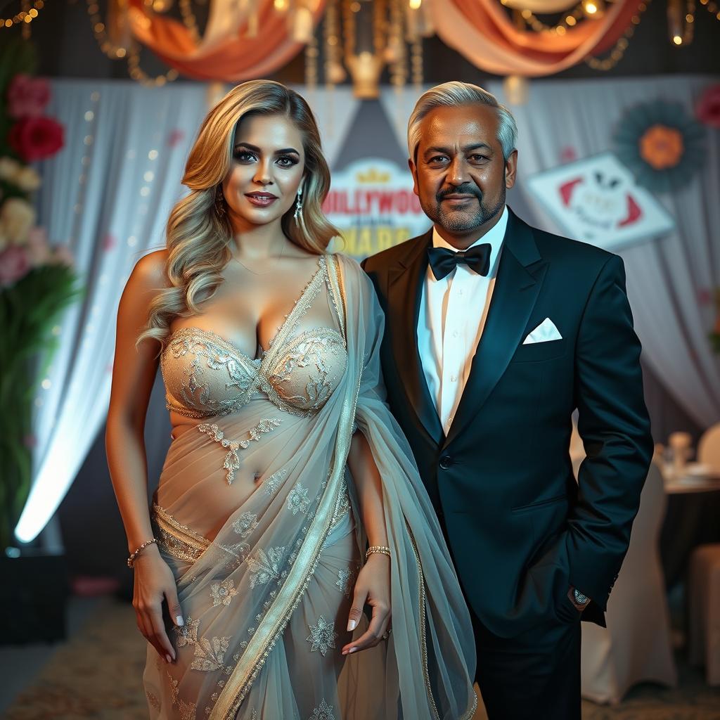 An elegant scene featuring a voluptuous blonde actress with big boobs, wearing a stunning transparent saree bikini that artfully showcases her cleavage and curves