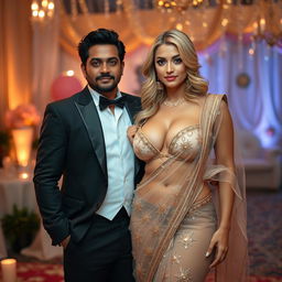 An elegant scene featuring a voluptuous blonde actress with big boobs, wearing a stunning transparent saree bikini that artfully showcases her cleavage and curves