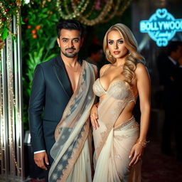 An elegant scene featuring a voluptuous blonde actress with big boobs, wearing a stunning transparent saree bikini that artfully showcases her cleavage and curves
