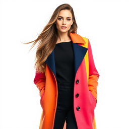 A stylish and elegant woman wearing a fashionable coat, showcasing a modern and chic design