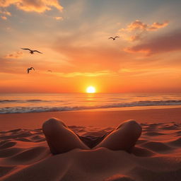A surreal and dreamlike scene featuring a person sitting on a beach during sunset