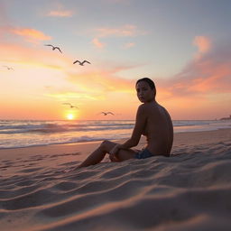 A surreal and dreamlike scene featuring a person sitting on a beach during sunset