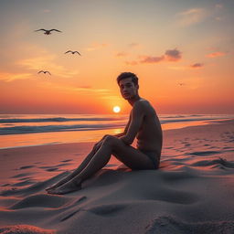 A surreal and dreamlike scene featuring a person sitting on a beach during sunset