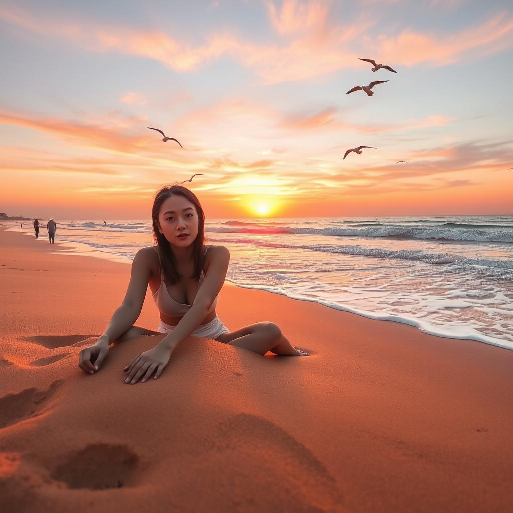 A surreal and dreamlike scene featuring a person sitting on a beach during sunset