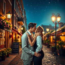 A romantic scene of two adults sharing a passionate kiss under a softly lit street lamp at night