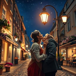 A romantic scene of two adults sharing a passionate kiss under a softly lit street lamp at night
