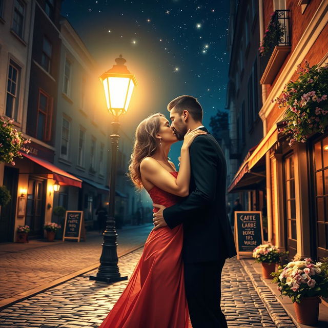 A romantic scene of two adults sharing a passionate kiss under a softly lit street lamp at night