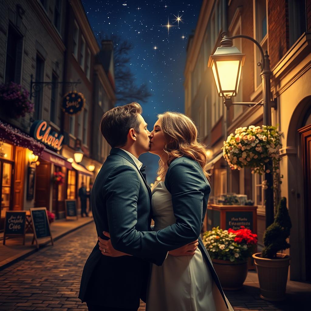 A romantic scene of two adults sharing a passionate kiss under a softly lit street lamp at night