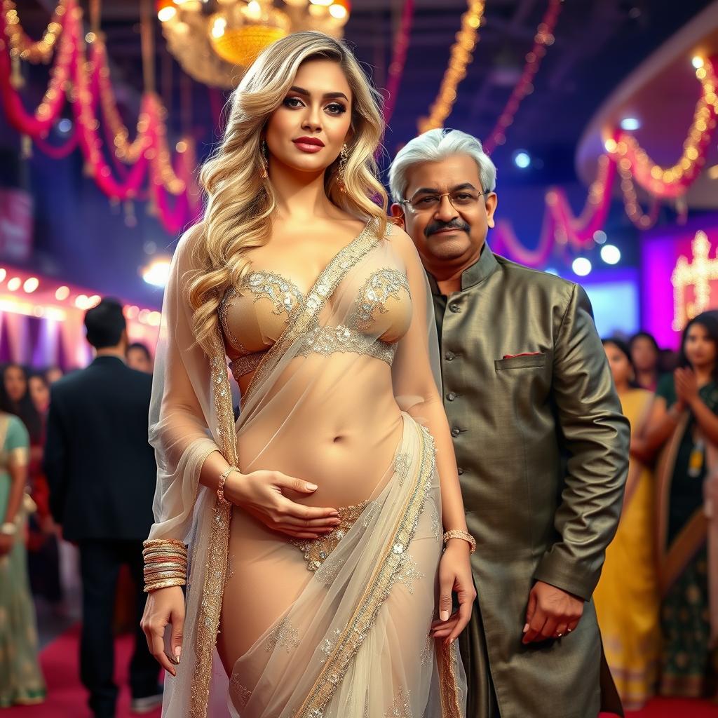 A vibrant Bollywood scene featuring a voluptuous blonde actress with big boobs, elegantly dressed in a stunning transparent saree bikini that showcases her cleavage and beautifully reveals her navel