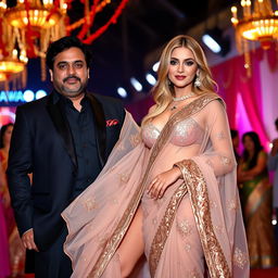 A vibrant Bollywood scene featuring a voluptuous blonde actress with big boobs, elegantly dressed in a stunning transparent saree bikini that showcases her cleavage and beautifully reveals her navel