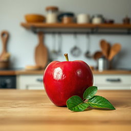 A single, vibrant red apple sitting on a smooth wooden table