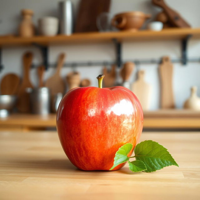 A single, vibrant red apple sitting on a smooth wooden table