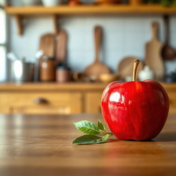 A single, vibrant red apple sitting on a smooth wooden table