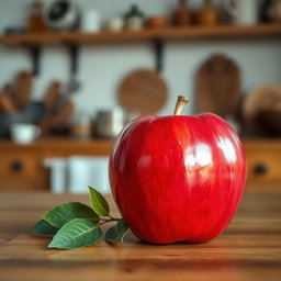 A single, vibrant red apple sitting on a smooth wooden table