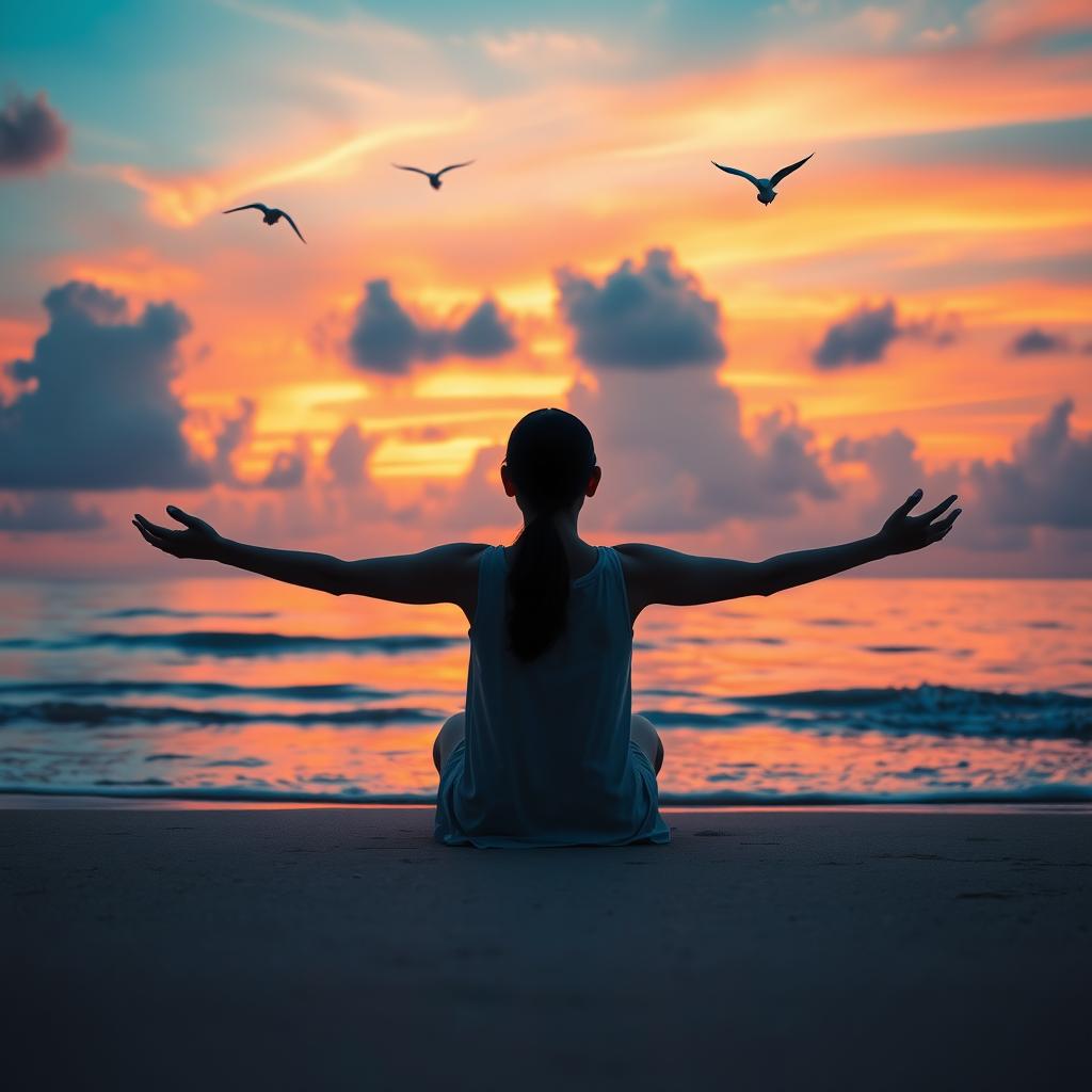A surreal and ethereal scene on a beach during sunset, where a person is sitting peacefully with their arms extended out, but their hands are digitally removed, creating an otherworldly effect