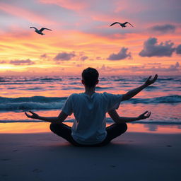A surreal and ethereal scene on a beach during sunset, where a person is sitting peacefully with their arms extended out, but their hands are digitally removed, creating an otherworldly effect